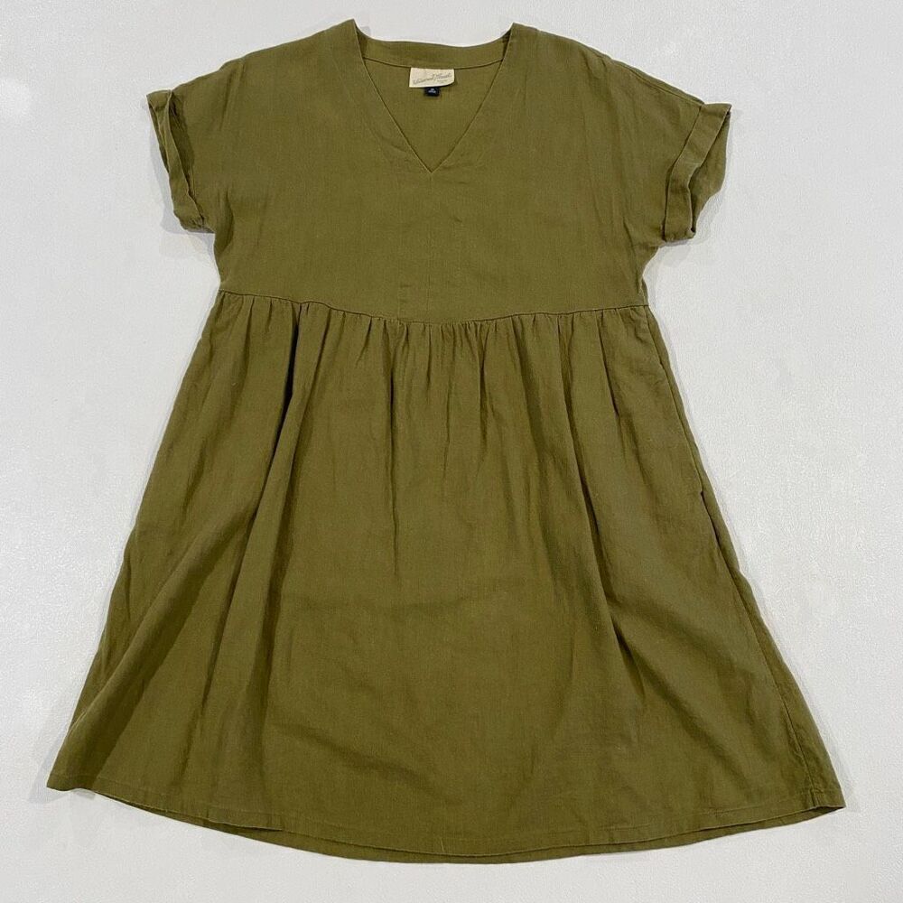 Universal Thread Olive Green V Neck Babydoll Dress Women XS Short Sleeve Pockets